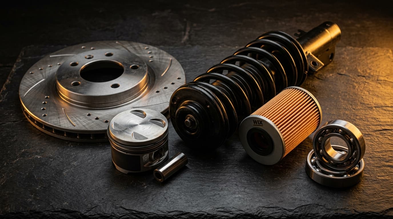 Noble Automotive precision spare parts: brake disc rotor, piston, shock absorber, oil filter, and bearings